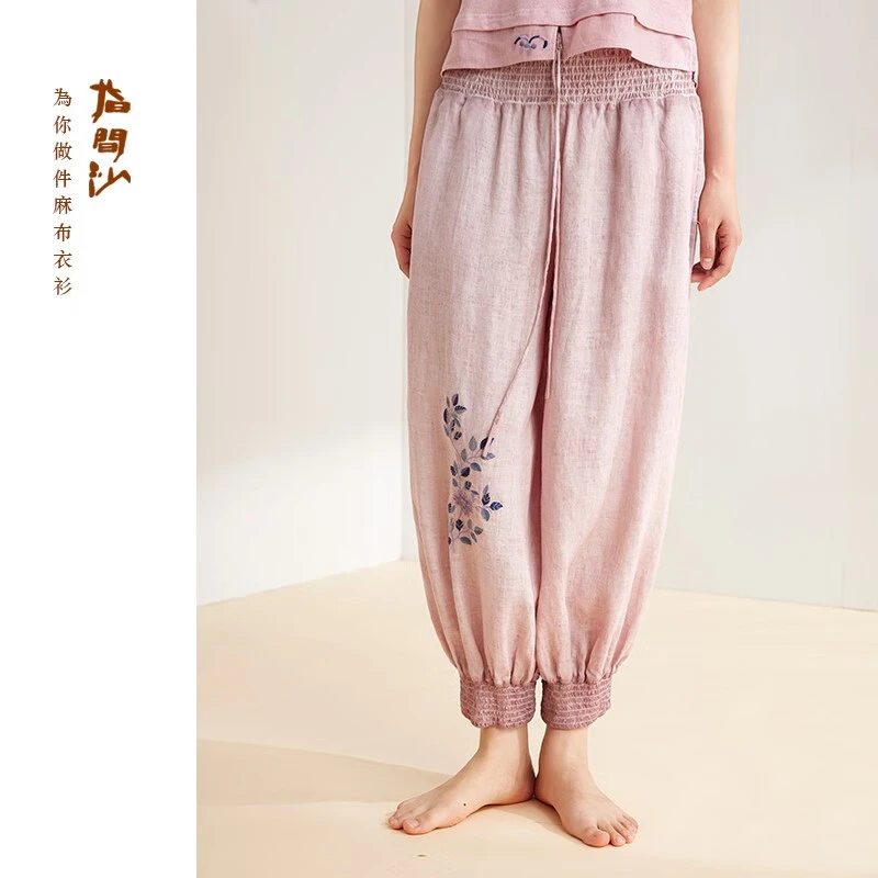 指间沙2332041女装2023年秋季新款文艺风高腰炒色刺绣亚麻灯笼裤