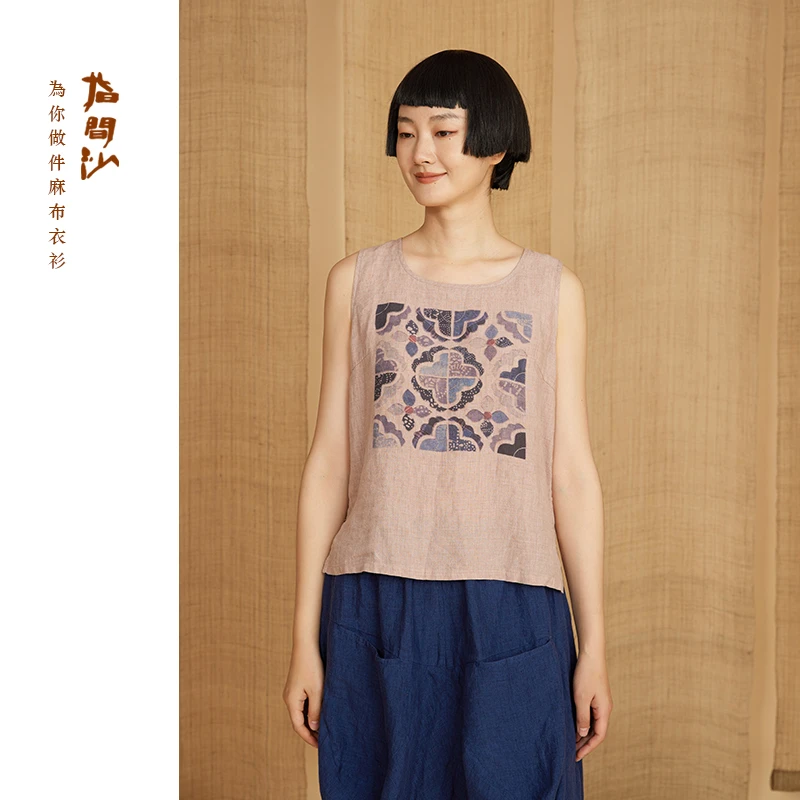 2423140指间沙原创女装24夏文艺圆领宽边无袖亚麻印花背心