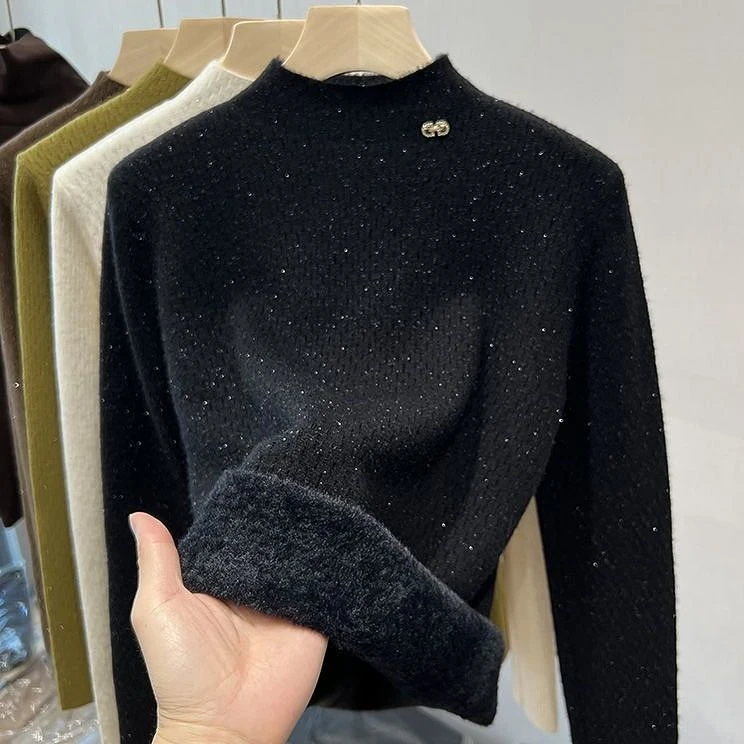 满天星亮丝半高领毛衣女新款一体绒秋冬季加绒加厚针织保暖打底衫