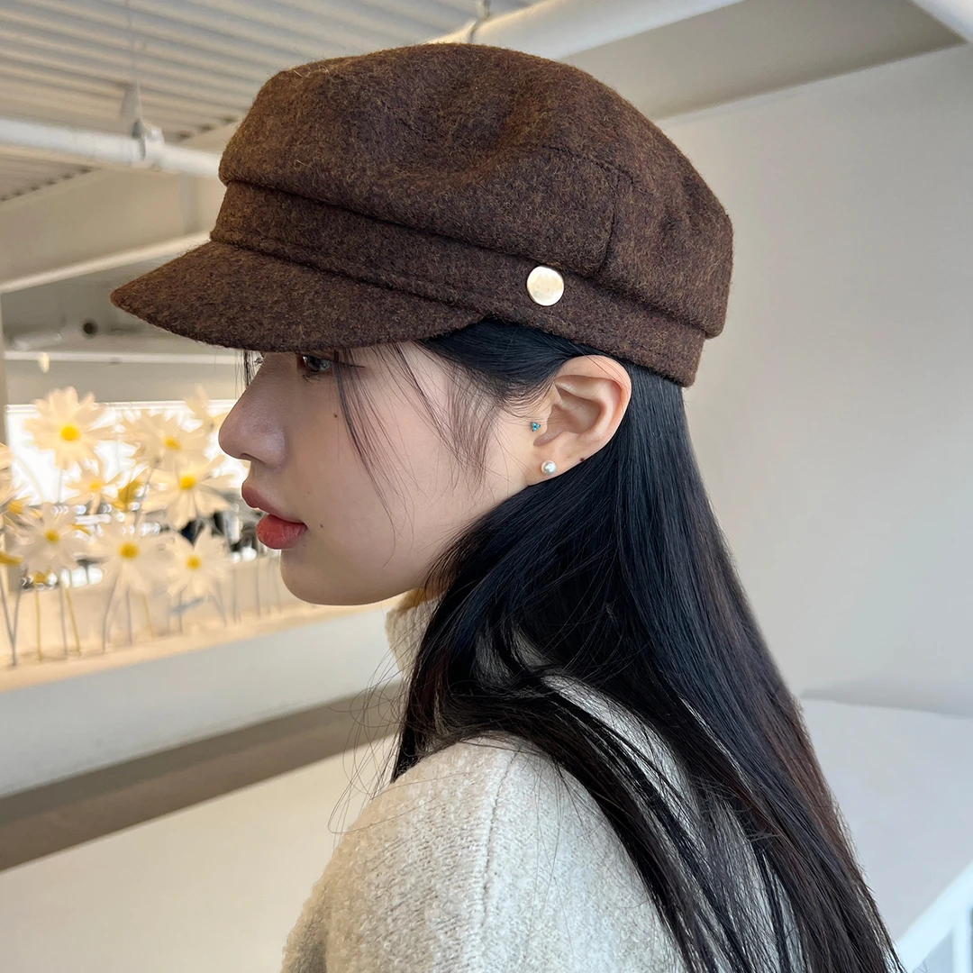 金属扣秋冬美拉德鸭舌帽雅丹风报童帽时尚气质八角帽女款平顶帽子