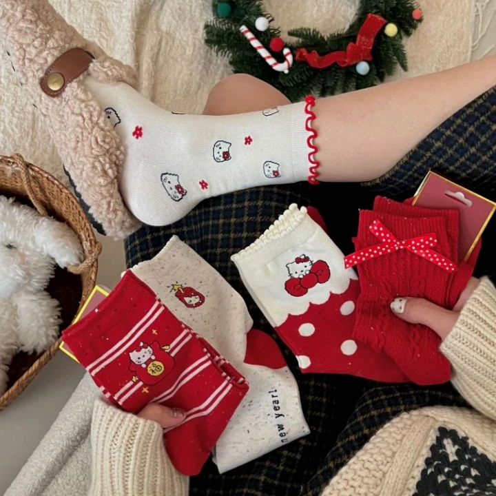 点子纱Kitty猫本命年红色袜子新年喜庆