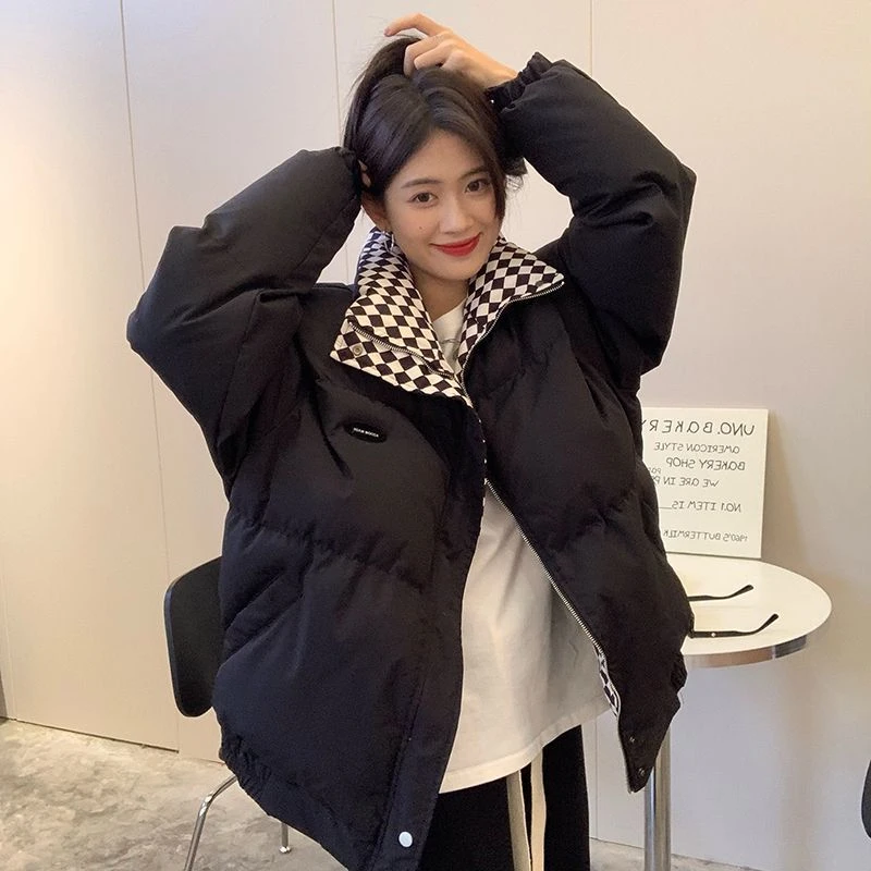 波司豋棋盘格冬季加厚棉衣羽绒服女学生大码胖宽松面包服情侣外套