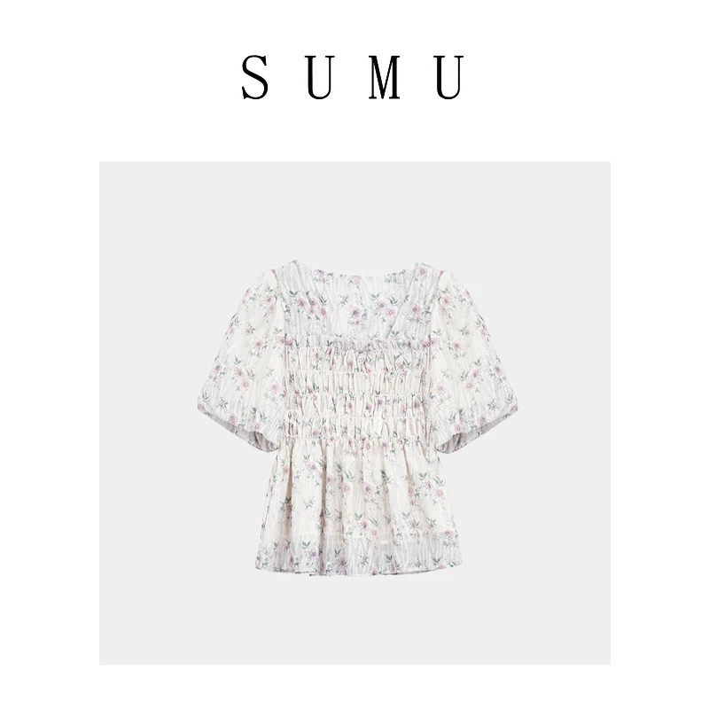 宿慕女士碎花小衫2024夏季新款爆款收腰时尚百搭气质衬衫68175