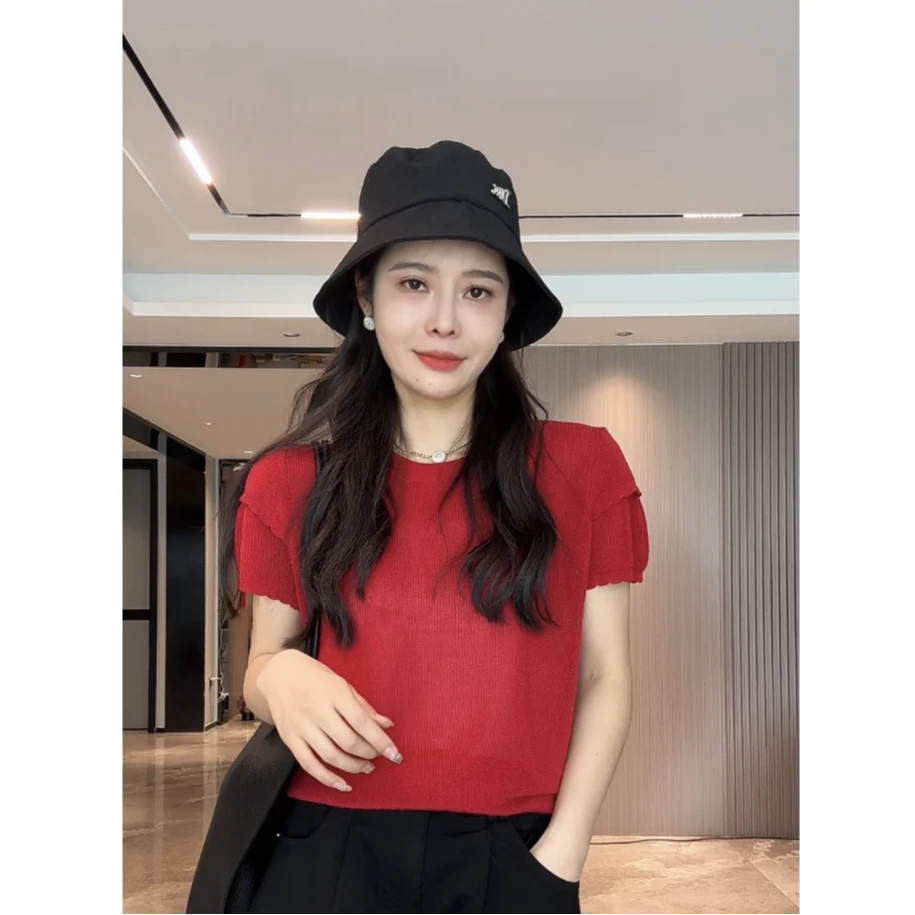 宿慕女蛋糕袖针织衫2024夏季新款时尚打底衫纯色针织短袖24111