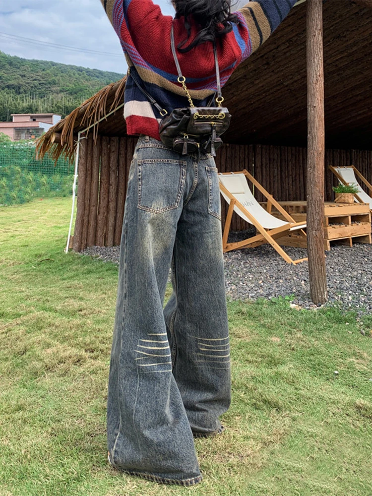 大码美式复古垂感阔腿牛仔裤女秋季高腰显瘦小个子宽松直筒拖地裤