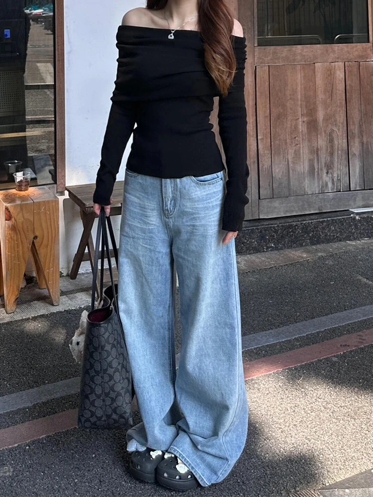 大码ins港风复古浅蓝色水洗拖地牛仔裤女夏季宽松高腰显瘦阔腿裤