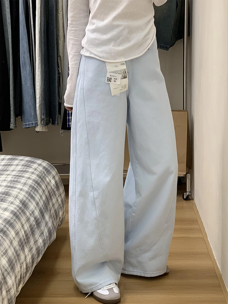 大码天空蓝阔腿镰刀牛仔裤女夏季2024新款高腰直筒宽松显瘦拖地裤