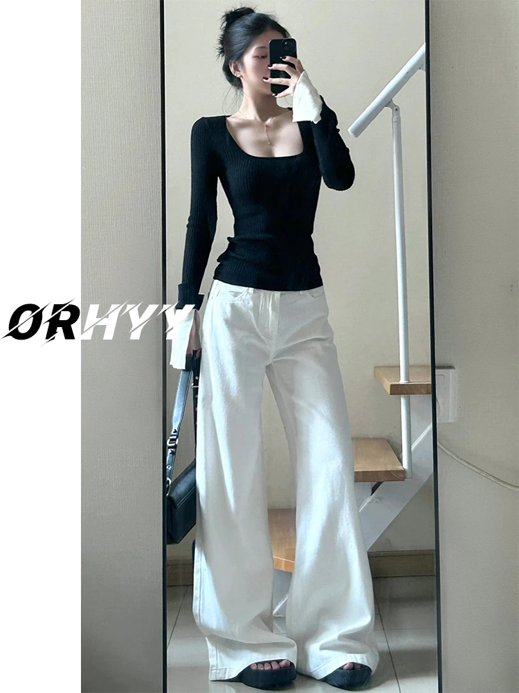 大码白色阔腿宽松牛仔裤女秋季高腰显瘦百搭直筒裤垂感百搭长裤子