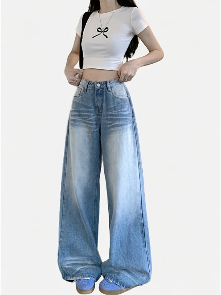 大码美式折痕做旧水洗牛仔裤女夏季高腰显瘦宽松直筒阔腿拖地裤子