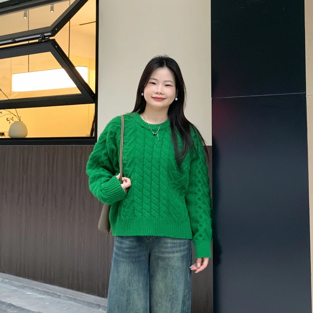 奈看小个子【冬日开场】复古慵懒感圆领麻花毛衣休闲百搭上衣