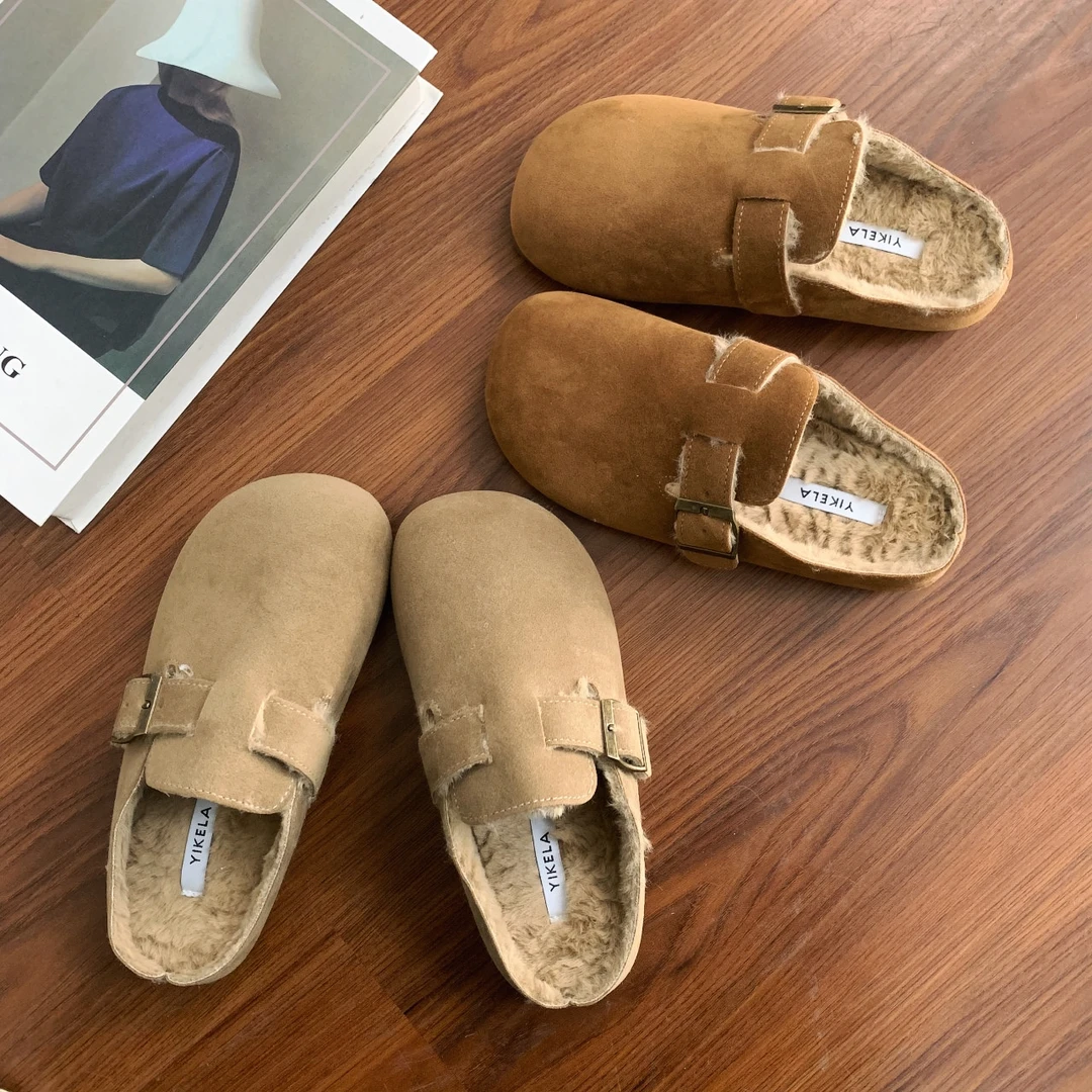 奈看家小个子【加绒勃肯】秋冬外穿毛毛拖鞋加绒保暖包头半拖鞋