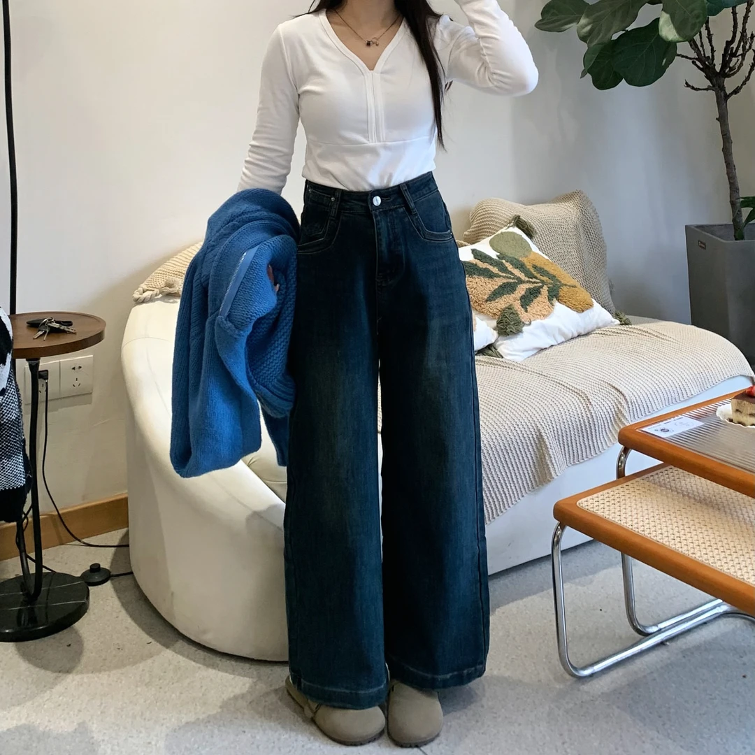 奈看小个子【加厚南法】韩系秋冬高腰复古显瘦直筒阔腿牛仔裤