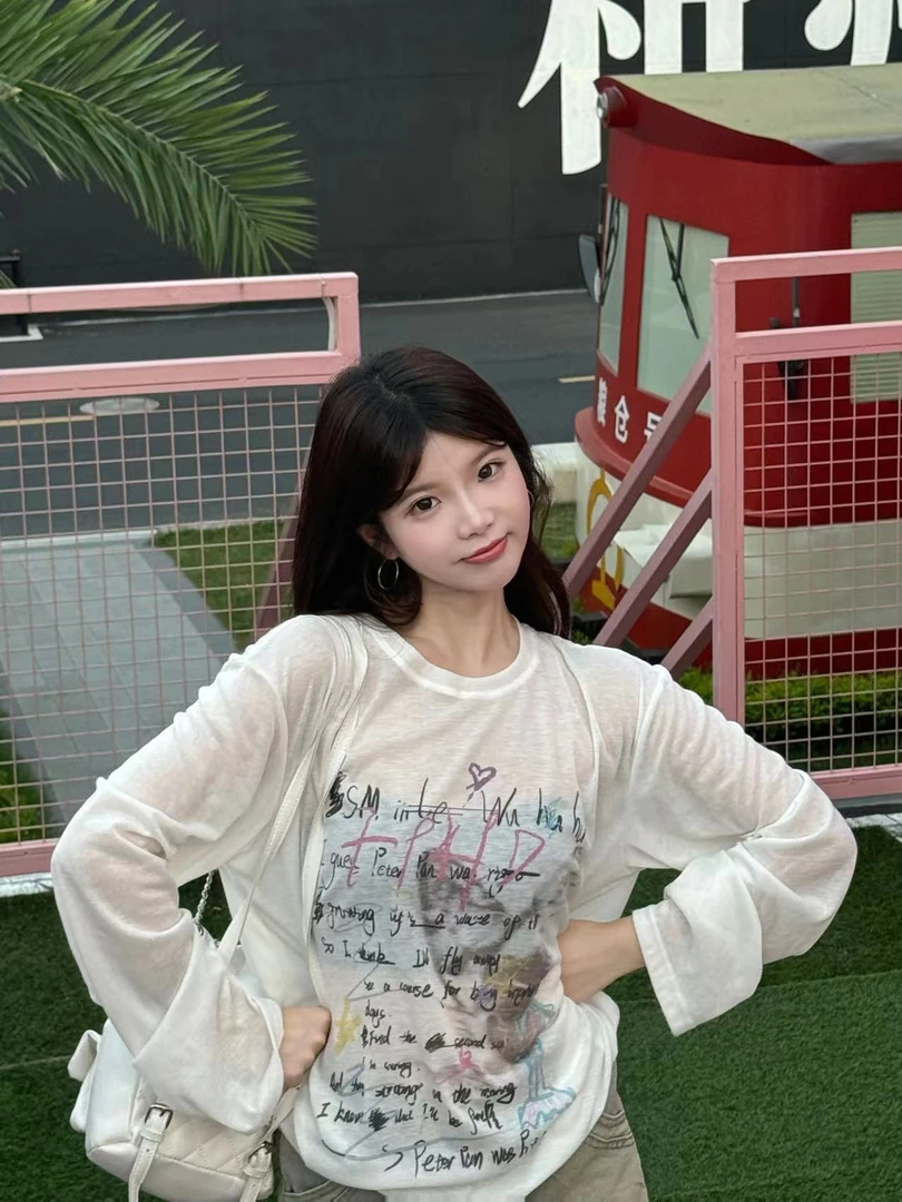 For lulu/美式涂鸦字母印花长袖T恤女夏季