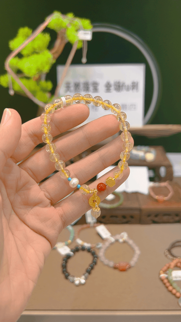 金发晶手串6mm搭配铜钱福字淡水珍珠单珠B360多样性发一