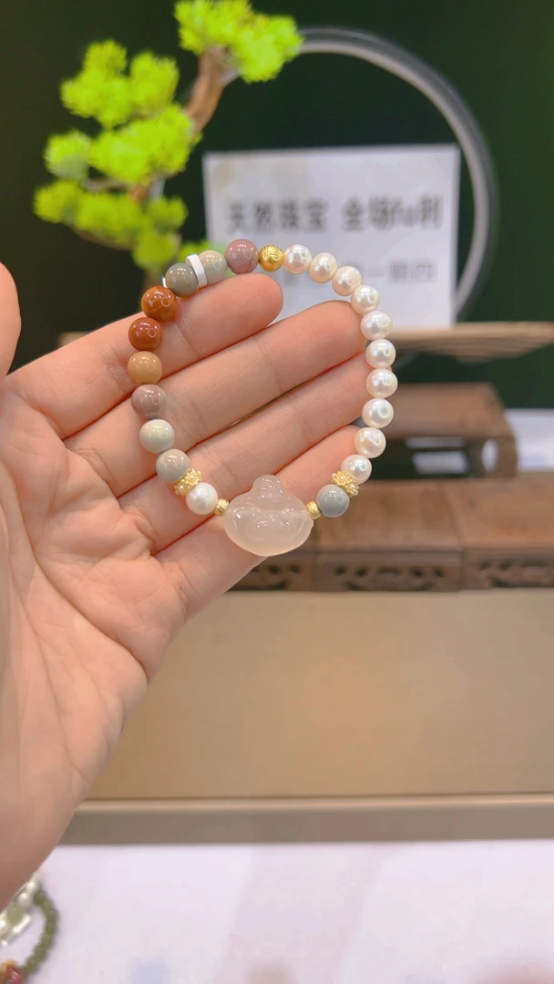 石英质玉阿拉善玉8mm手串搭配淡水珍珠玉髓佛公A1118