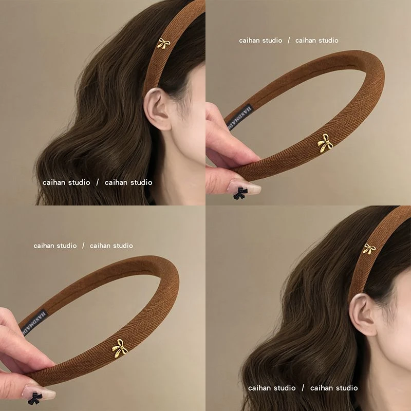 焦糖咖啡系小金标蝴蝶结发箍细边高颅顶压发发卡早秋新款盘发器