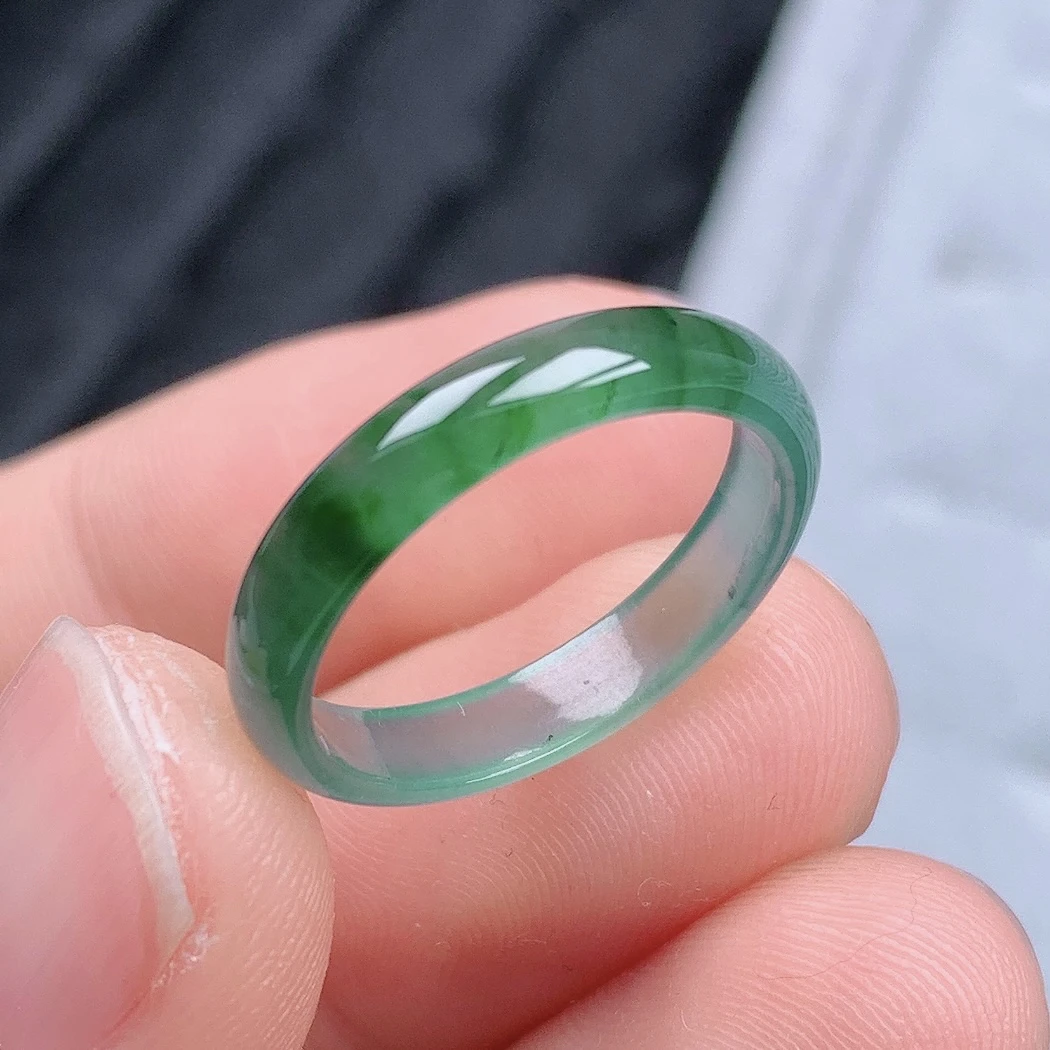 天然翡翠A货老坑冰种水润起胶飘绿戒指指环16号圈口内径17.6mm#84