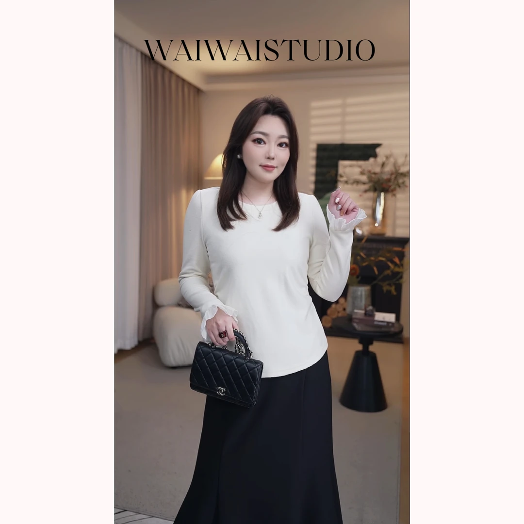 【雪芙蕾】弹力显痩荷叶边褶皱收腰设计感上衣 24A273