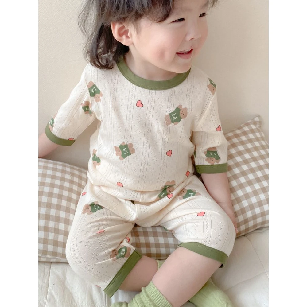 【洋溢】儿童睡衣夏季薄款男童女童七分袖宝宝七分裤呼吸棉家居JC63