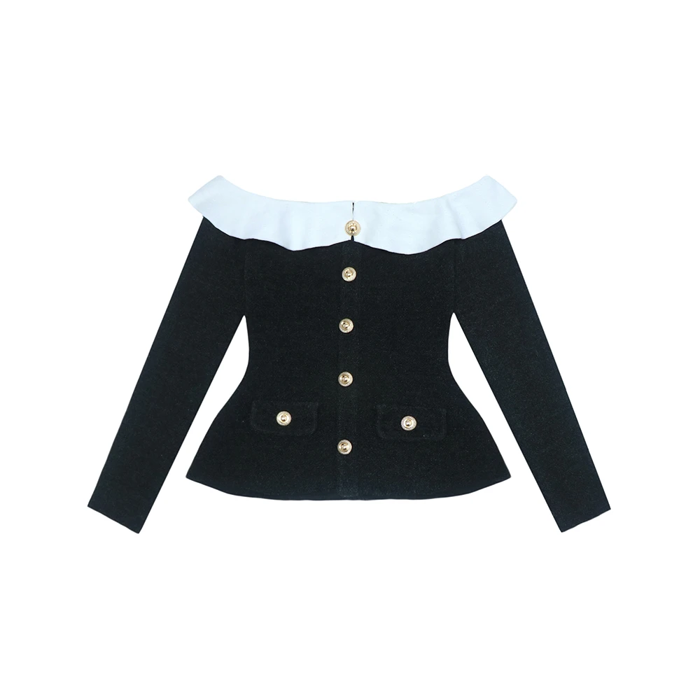 25SP早春新款经典黑白撞色气质千金风荷叶边一字肩丝绒长袖上衣