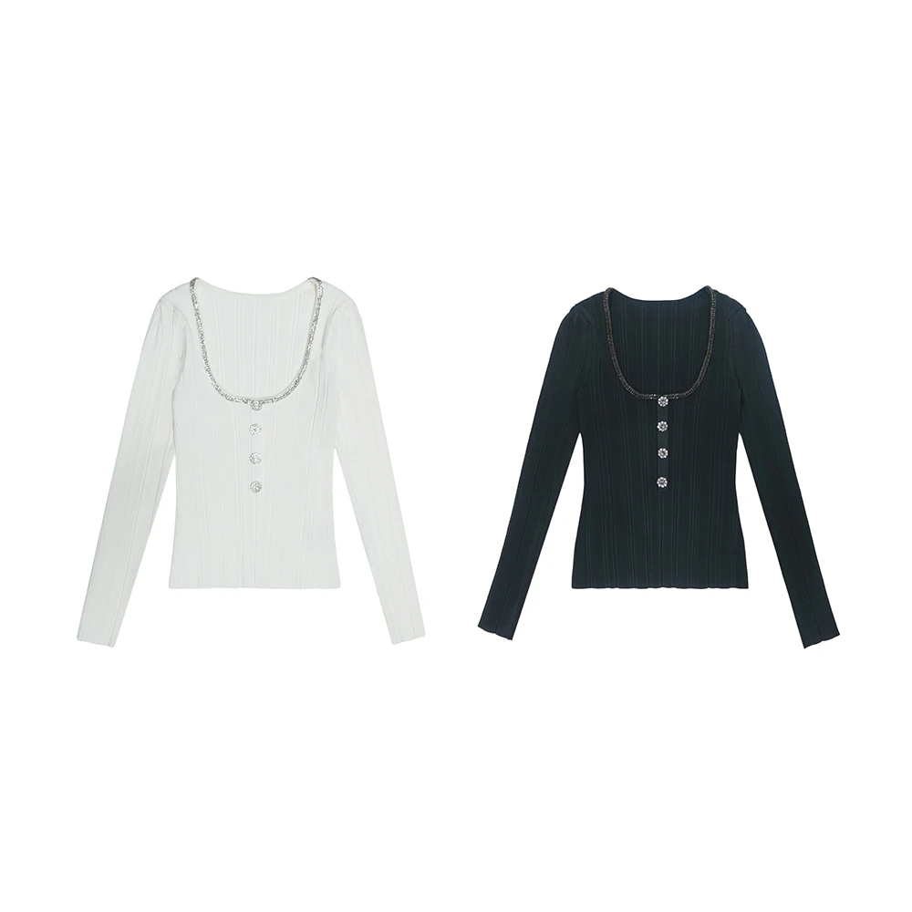 24SP秋冬新款经典黑白色钻饰经典气质U领百搭修身显瘦长袖针织衫