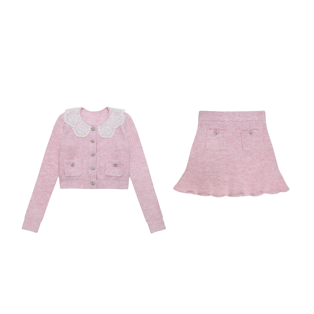 24SP秋冬新款粉色甜美小香风蕾丝气质百搭长袖针织开衫上衣半身裙