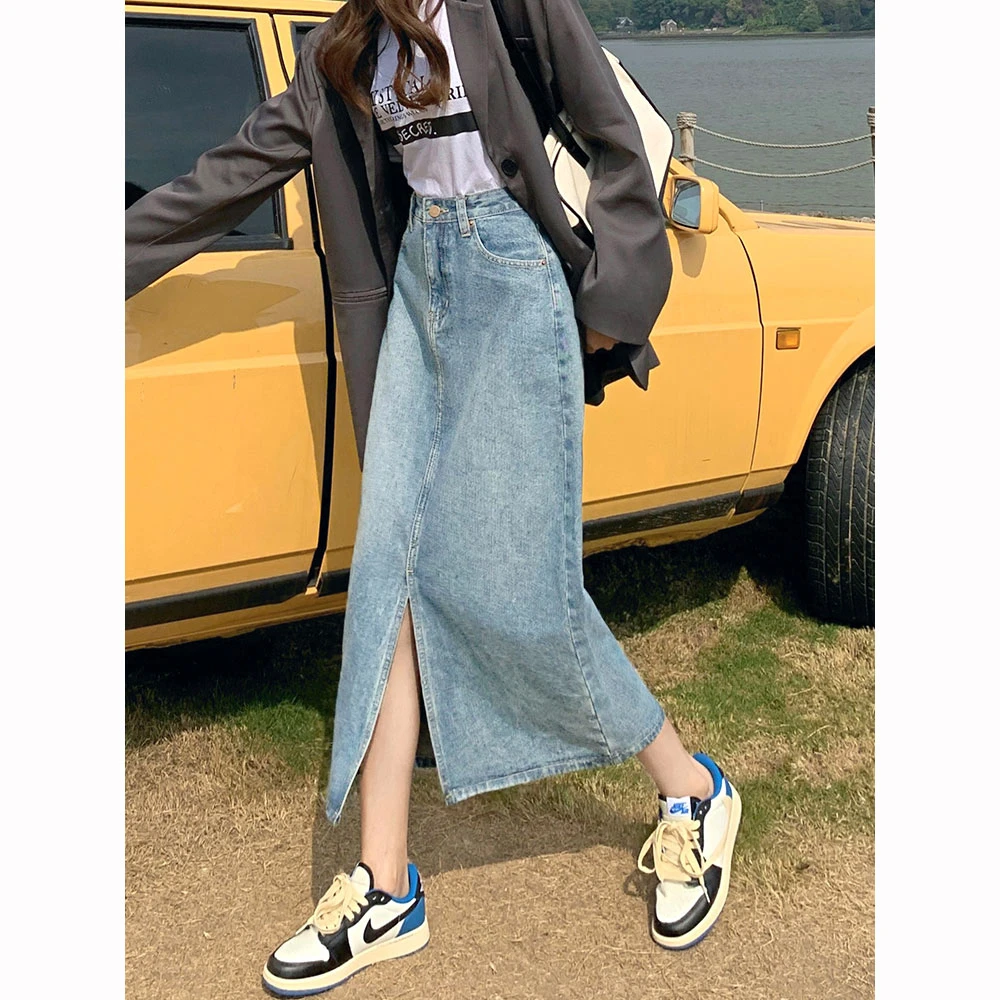 高腰开叉牛仔半身裙女2023年夏季新款休闲中长裙a字小个子包臀裙