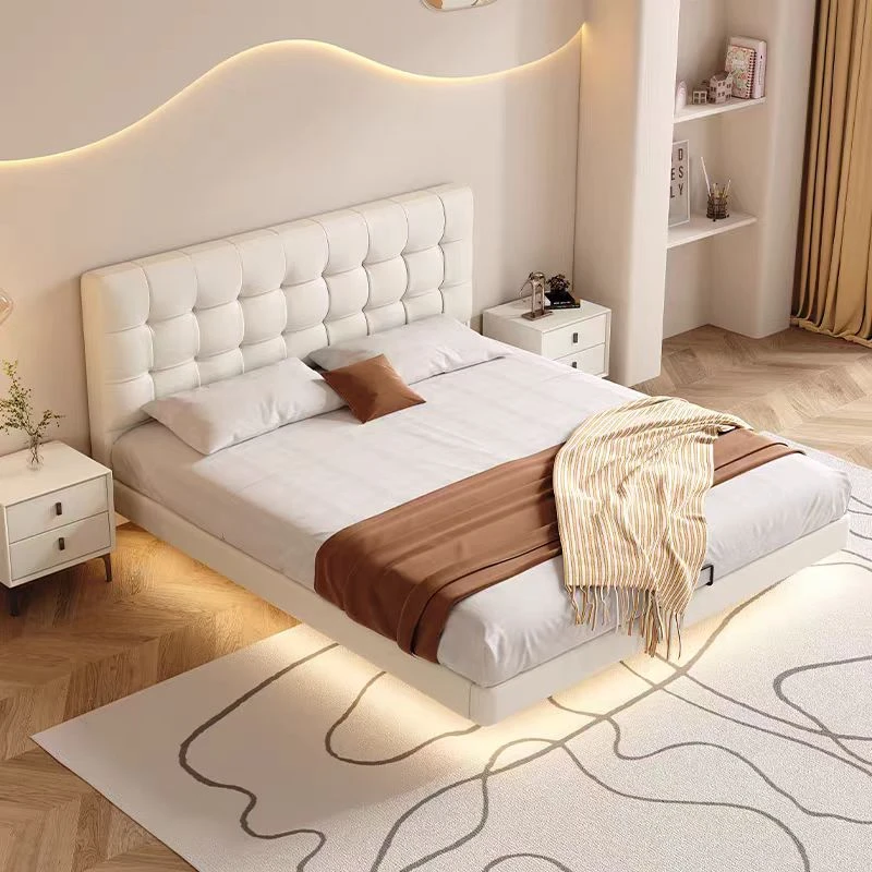 华夫格悬浮床现代简约高端大气真皮床轻奢主卧大床新款小户型床