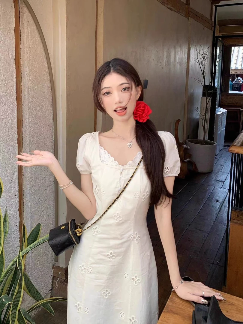 【高个子定制】温柔镂空短袖连衣裙显瘦气质长裙