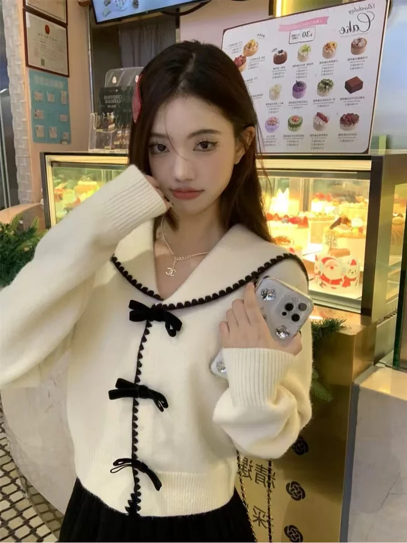 【高个子定制】蝴蝶结海军领针织上衣