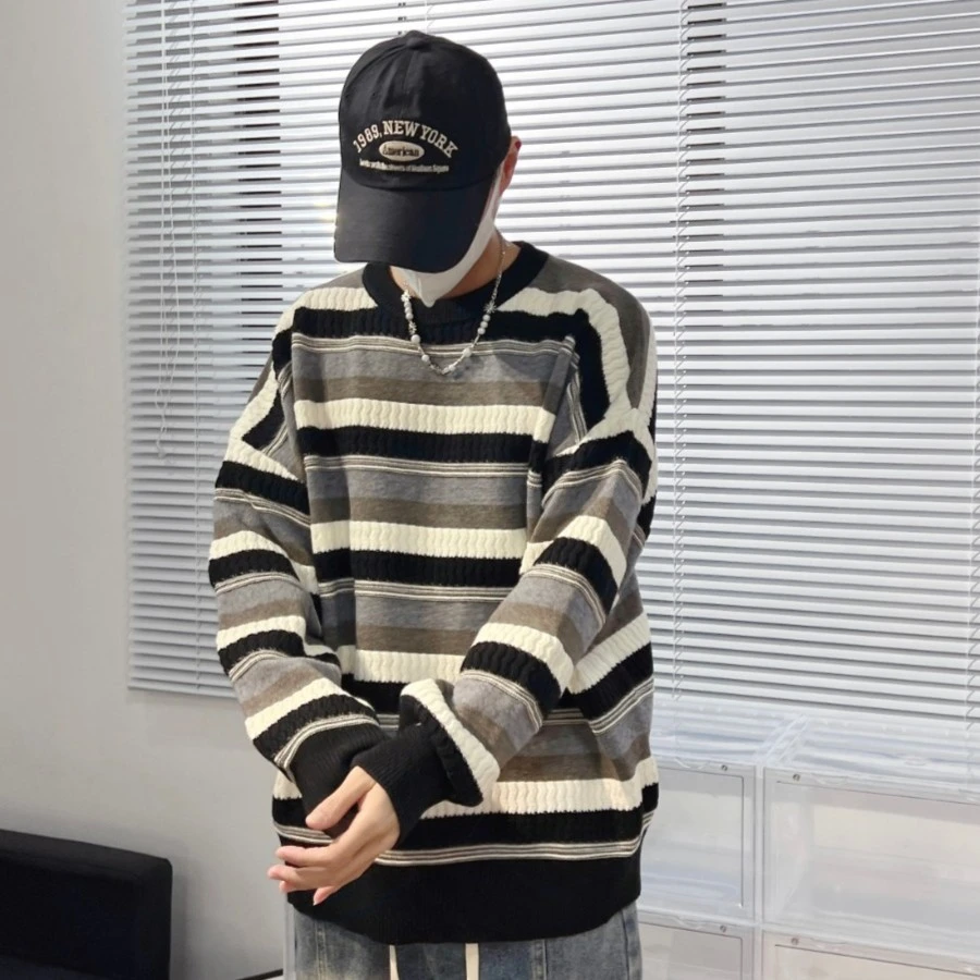 条纹毛衣男秋冬加厚宽松休闲针织衫美式复古慵懒风线衣外套WD0013