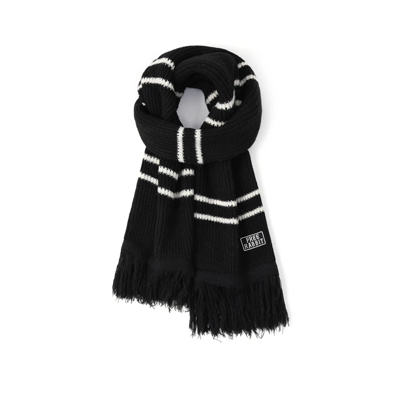 freerabbitII冬季时尚百搭流苏条纹 保暖 小众 绒线围巾 情侣款