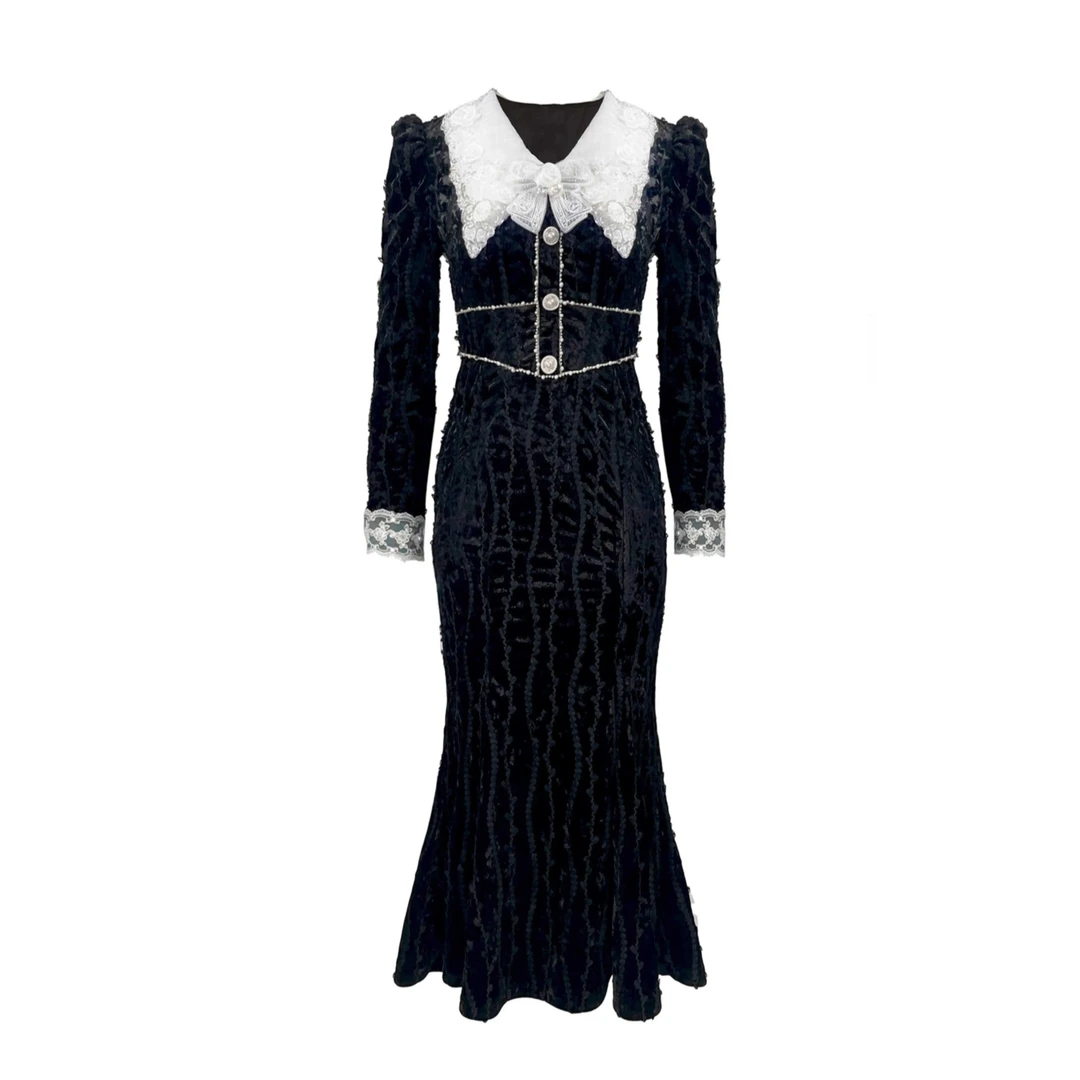 【芊羽原版轻奢高定】早秋新款赫本风黑白拼接刺绣收腰丝绒鱼尾长裙