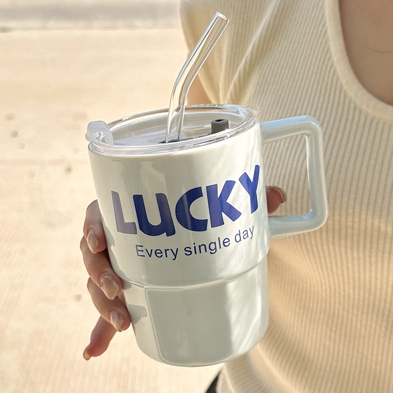 lucky蓝色吸管杯子ins家用学生大容量网红马克杯带盖陶瓷水杯男女