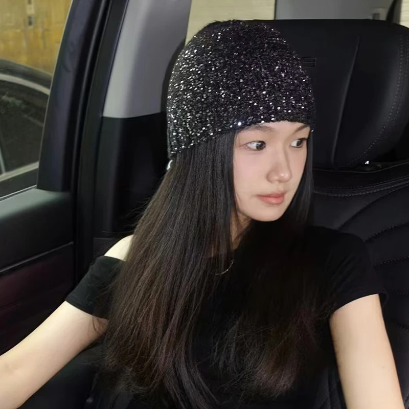 走秀款韩国冷帽秋冬香香女孩亮闪片针织帽子女时尚显脸小包头帽潮