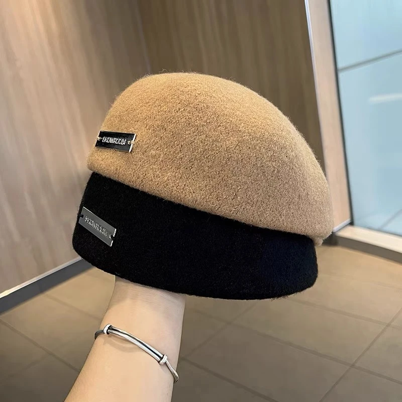 羊毛呢字母标反戴前进帽子秋冬季英伦复古大头围简约百搭贝雷帽潮