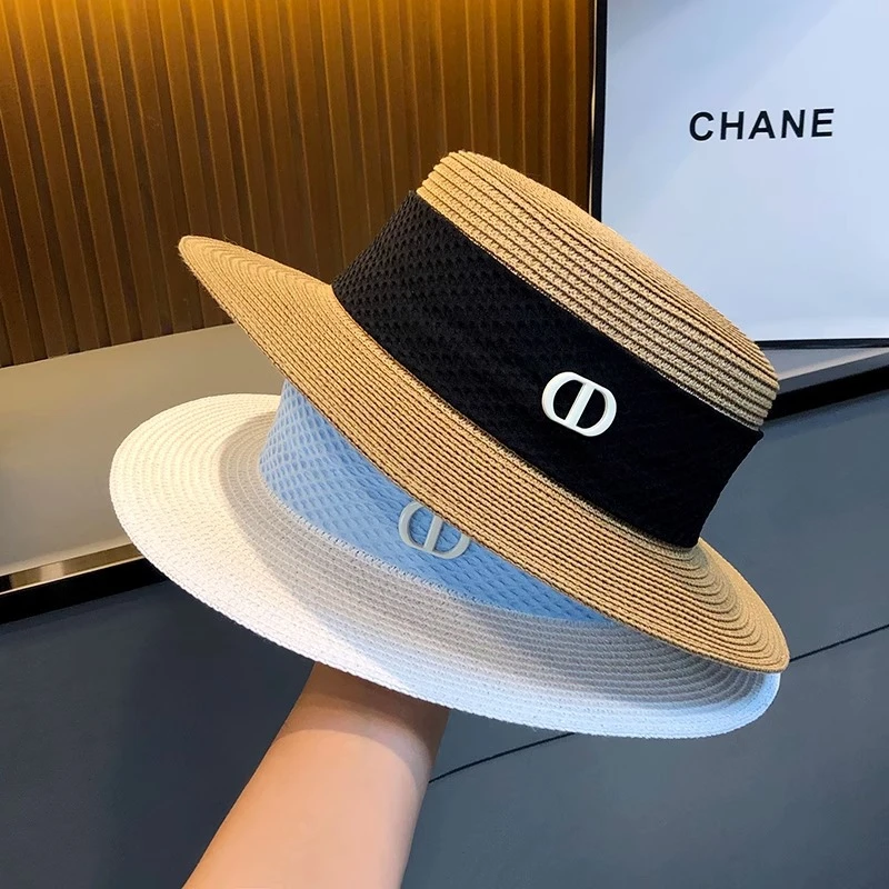 草帽女新款夏季出游海边遮阳防晒气质平顶帽法式休闲百搭太阳帽子
