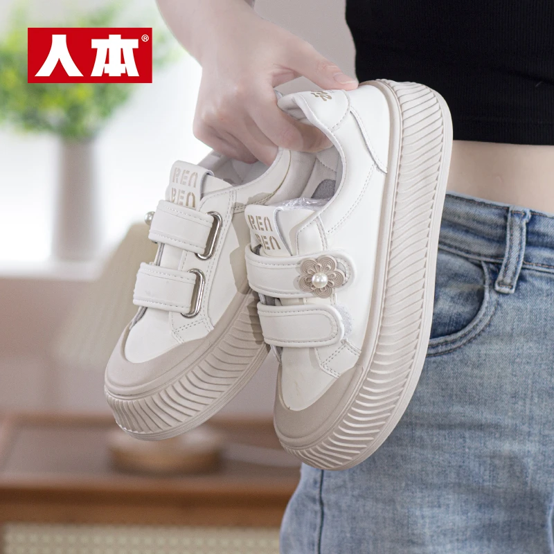 人本秋季新款女鞋皮面懒人魔术贴日系甜美学院风百搭松糕低帮板鞋