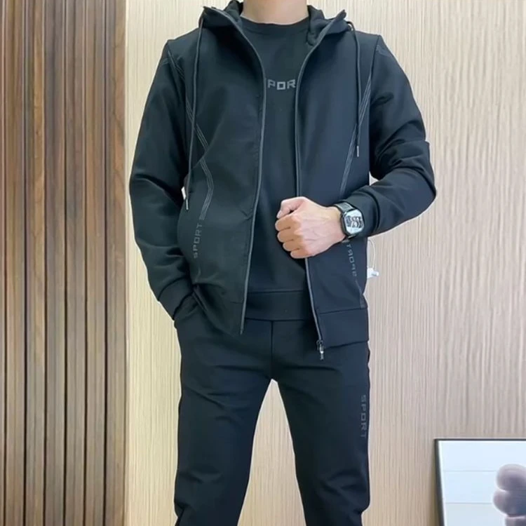 秋冬潮牌加绒加厚运动三件套卫衣长裤连帽外套男士运动套装运动服