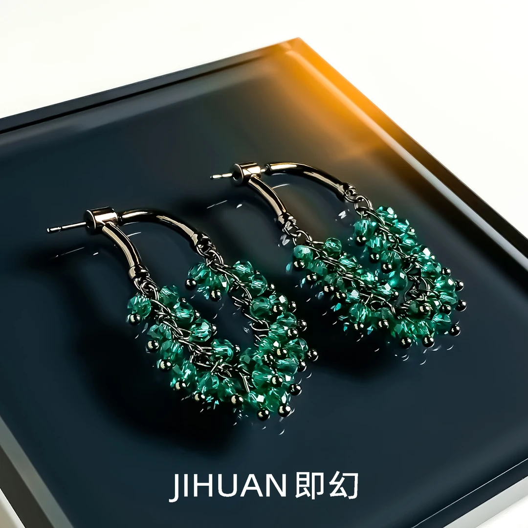 即幻 铜合金耳饰 绿色气质轻奢小流苏 连体防丢多带式耳环 B-8097
