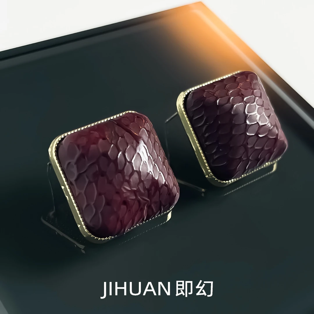 铜合金皮质耳饰 桑提娜欧美蟒纹皮革方形轻奢安克拉红耳钉 J-6914