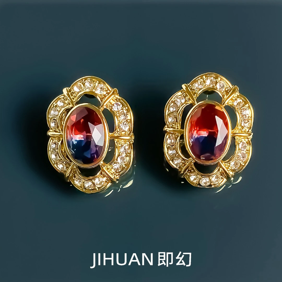 铜合金耳饰 ♦落日余晖 中古红色时尚耳环 高级独特耳钉J-7422