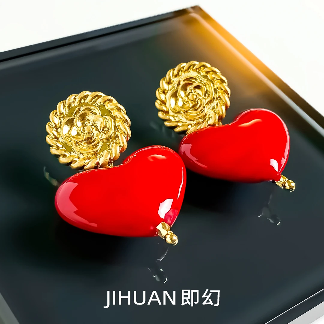 即幻 铜合金耳饰 欧美满镶红色气质轻奢时尚精致爱心耳坠B-8228