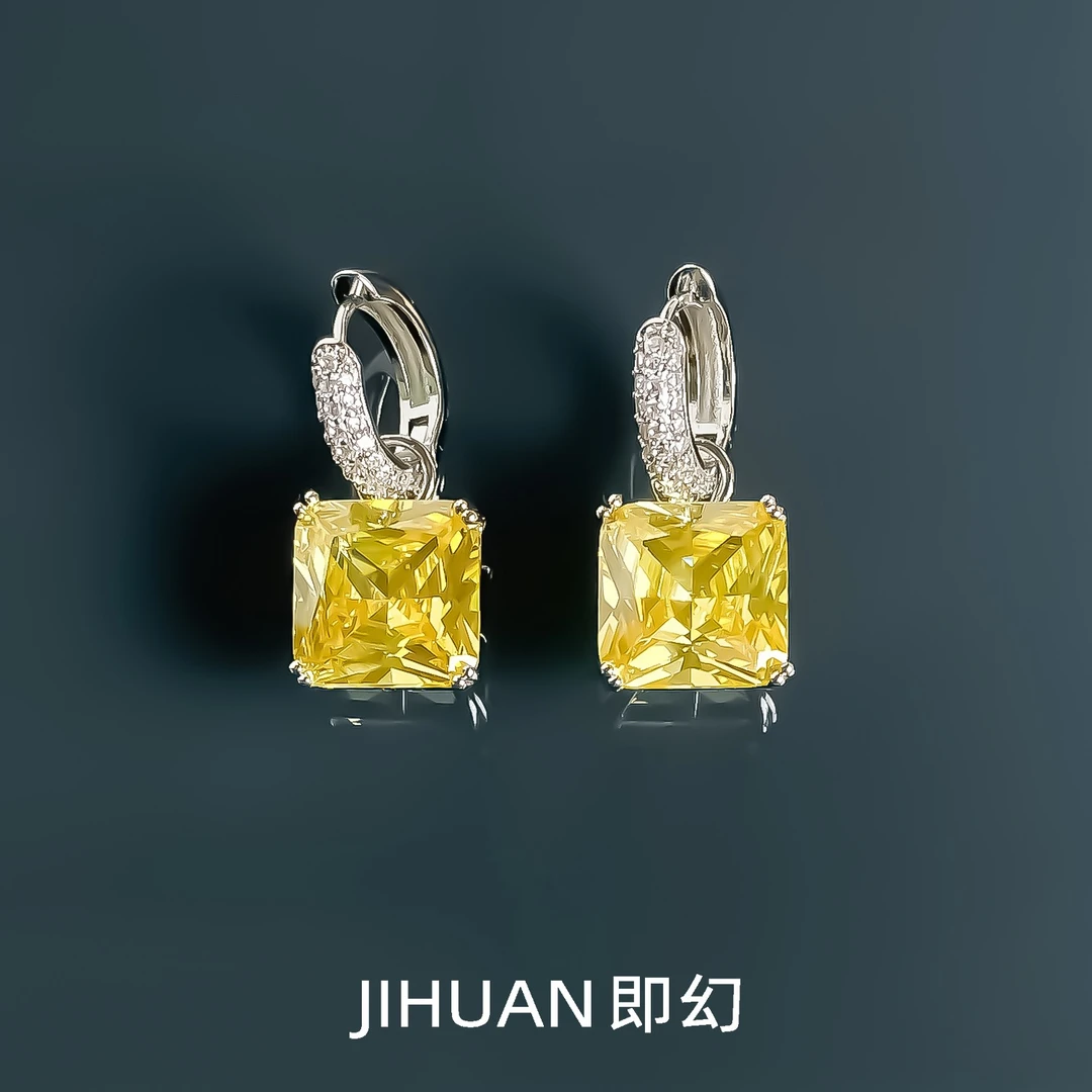 即幻 铜合金合成锆石耳饰 ♦橙光  欧风精致高切面吊坠耳环G-6112