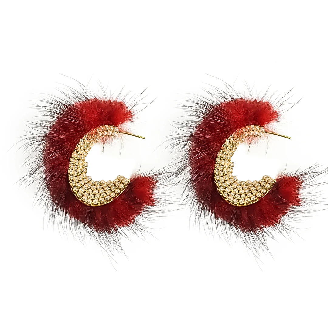 铜合金耳饰 法式红色绒毛感轻奢秋冬时尚新款耳环  MY-8384