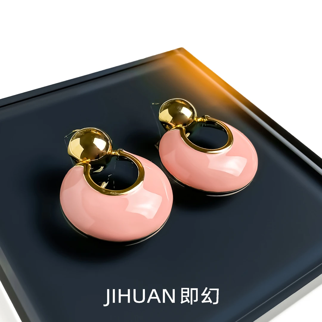 铜合金耳饰 欧美几何简约耳环女夸张大气高级感粉色耳钉 S-8916