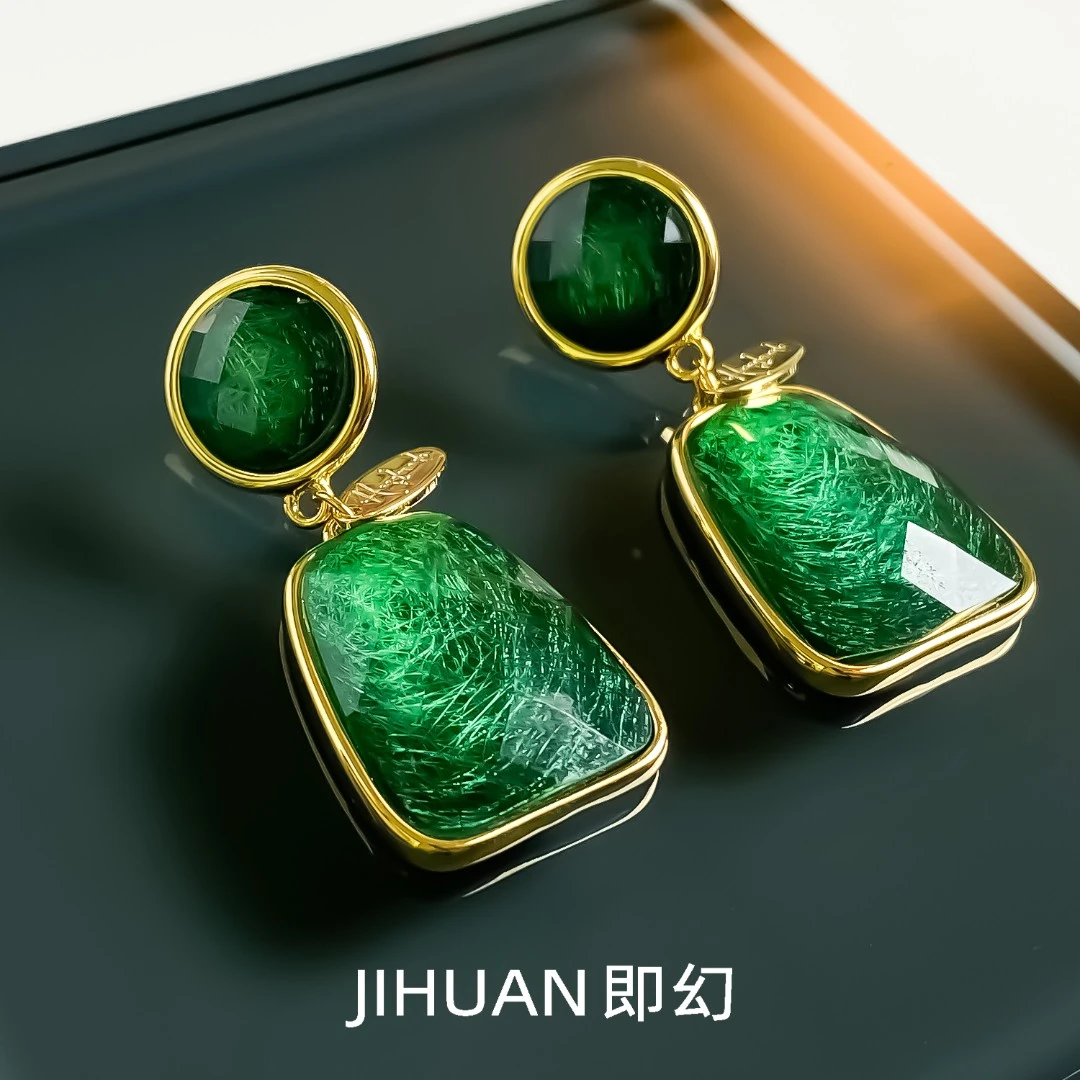 铜合金耳饰 ♦橄榄树 欧美几何吊坠耳环 绿色百搭轻奢耳钉 B-7215