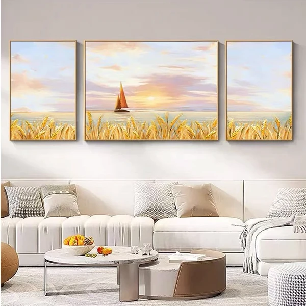 油画客厅挂画手绘沙发背景墙装饰画高档大气三联画一帆风顺海景画