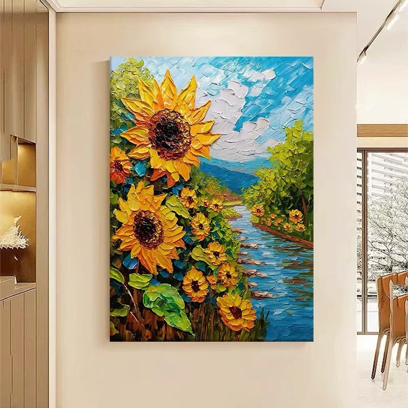 纯手绘油画肌理立体向日葵客厅玄关装饰画欧式梵高花卉太阳花挂画
