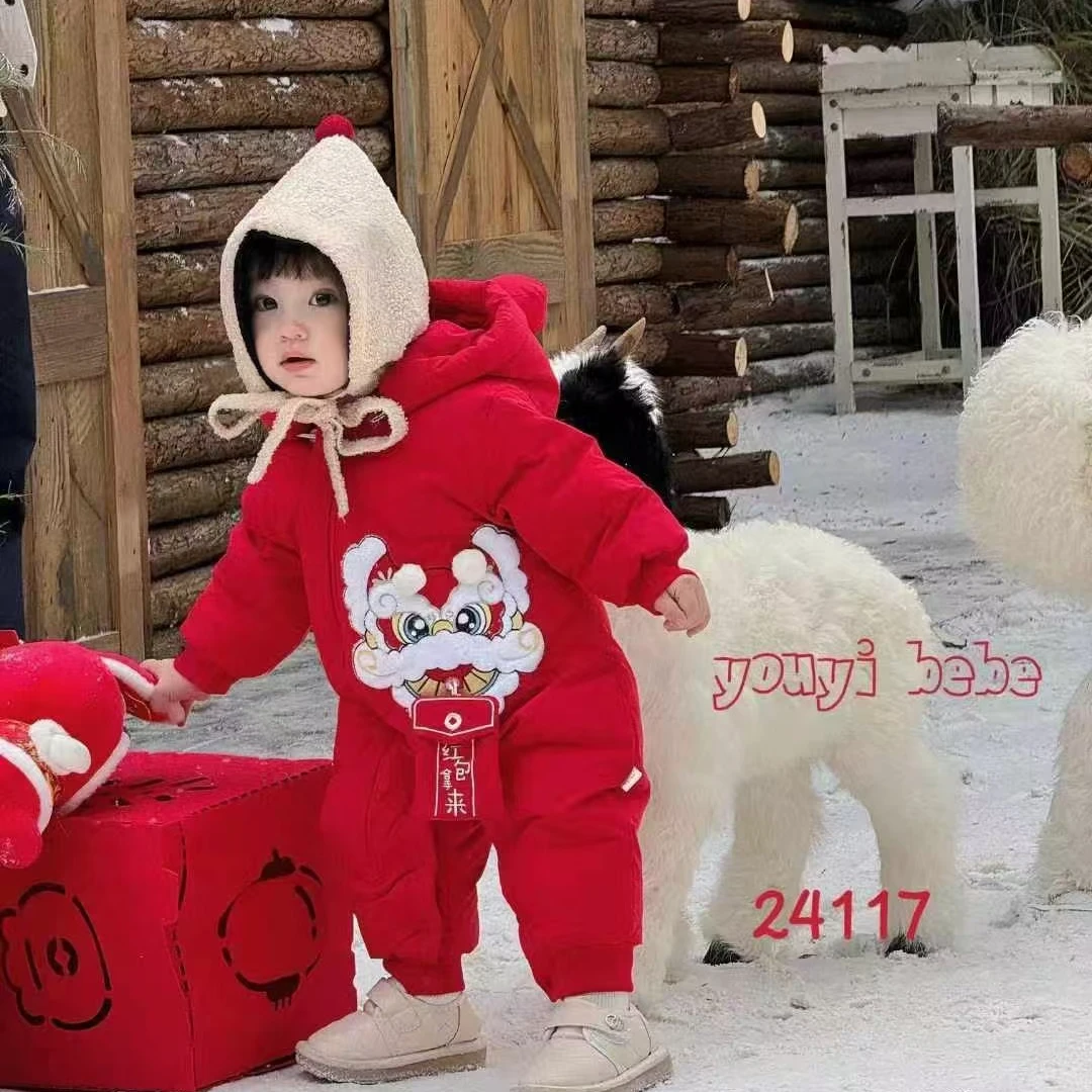 茉茉哩韩版连体羽绒爬服拜年服中国风加绒红色喜庆保暖